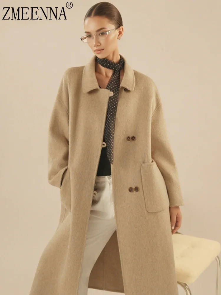 

ZMEENNA Women's Long Wool Blend Overcoat With Classic Collar Design And Patch Pockets Elegant Outerwear For Winter ZM3570