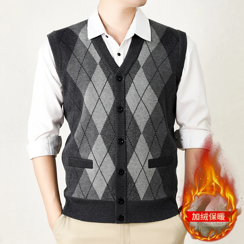 New Autumn and Winter Men's Fleece-Lined Warm and Comfortable Cardigan Sleeveless Vest Sweater/J-25009