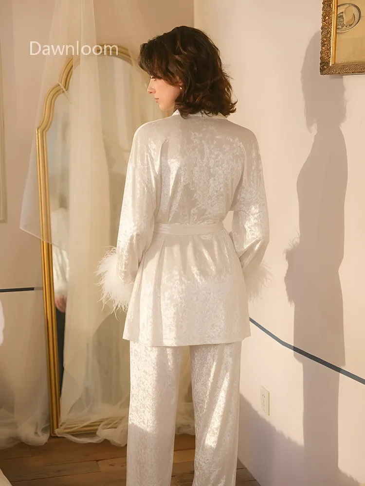 Dawnloom Women's White Velvet Lace Robe And Wide-Leg Pants Pajama Set Luxury Elegant Home Loungewear Two-Piece Sleepwear