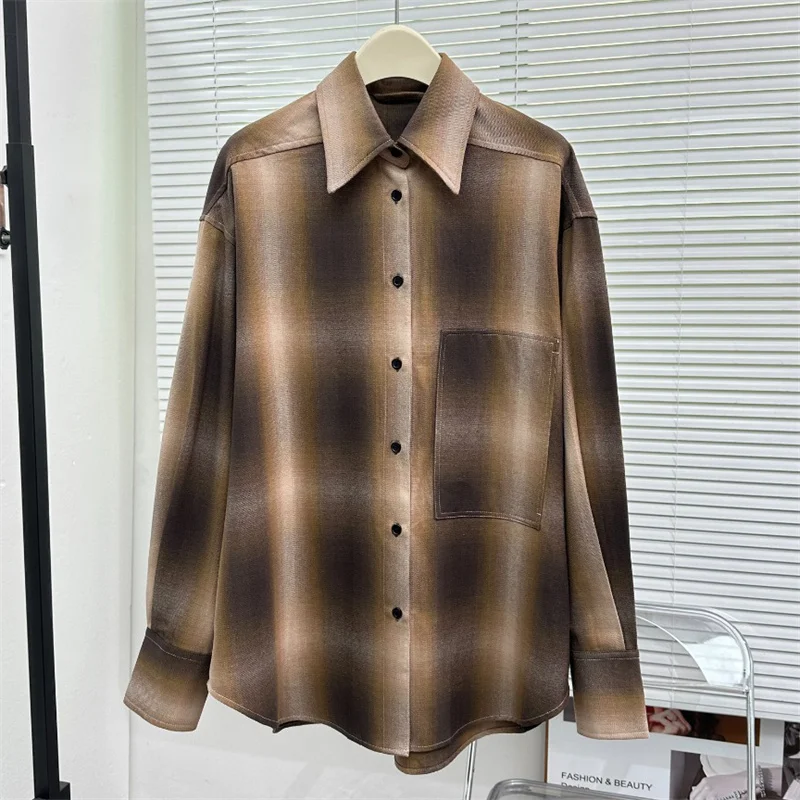 Women shirts 2025 Spring New in Gradient Checkered Women's Long Sleeve Top High quality pure cotton Women's blouse y2k Thin coat