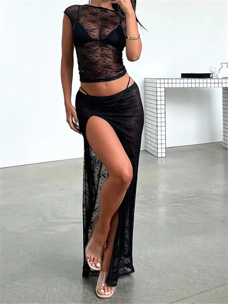 CHRONSTYLE Women Lace Mesh See Through 2pcs Skirts Sets Y2K Backless Lace-up T-shirts Crop Tops Low Waist Split Skirts Clubwear