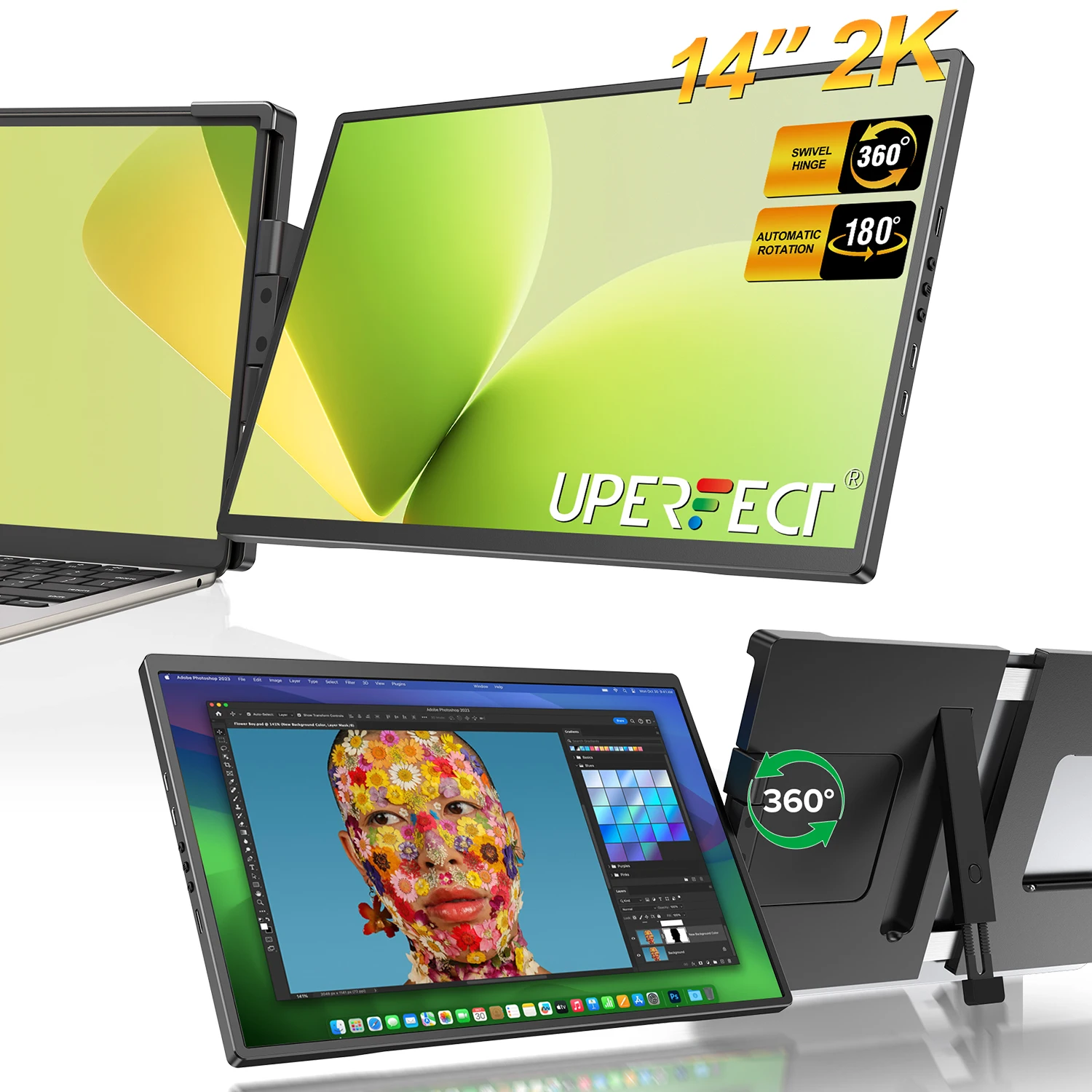 Imagem -01 - Extensor de Tela para Laptop Uperfect 2k 14 180° Rotação Automática Usb c Hdmi Ips Display Monitor Portátil para Windows Mac Android Dex Switch Ps5 extensor de tela para laptop uperfect 2k 14 180 rotacao automatica usb c hdmi ips display monitor portatil para windows mac android dex switch ps5 01