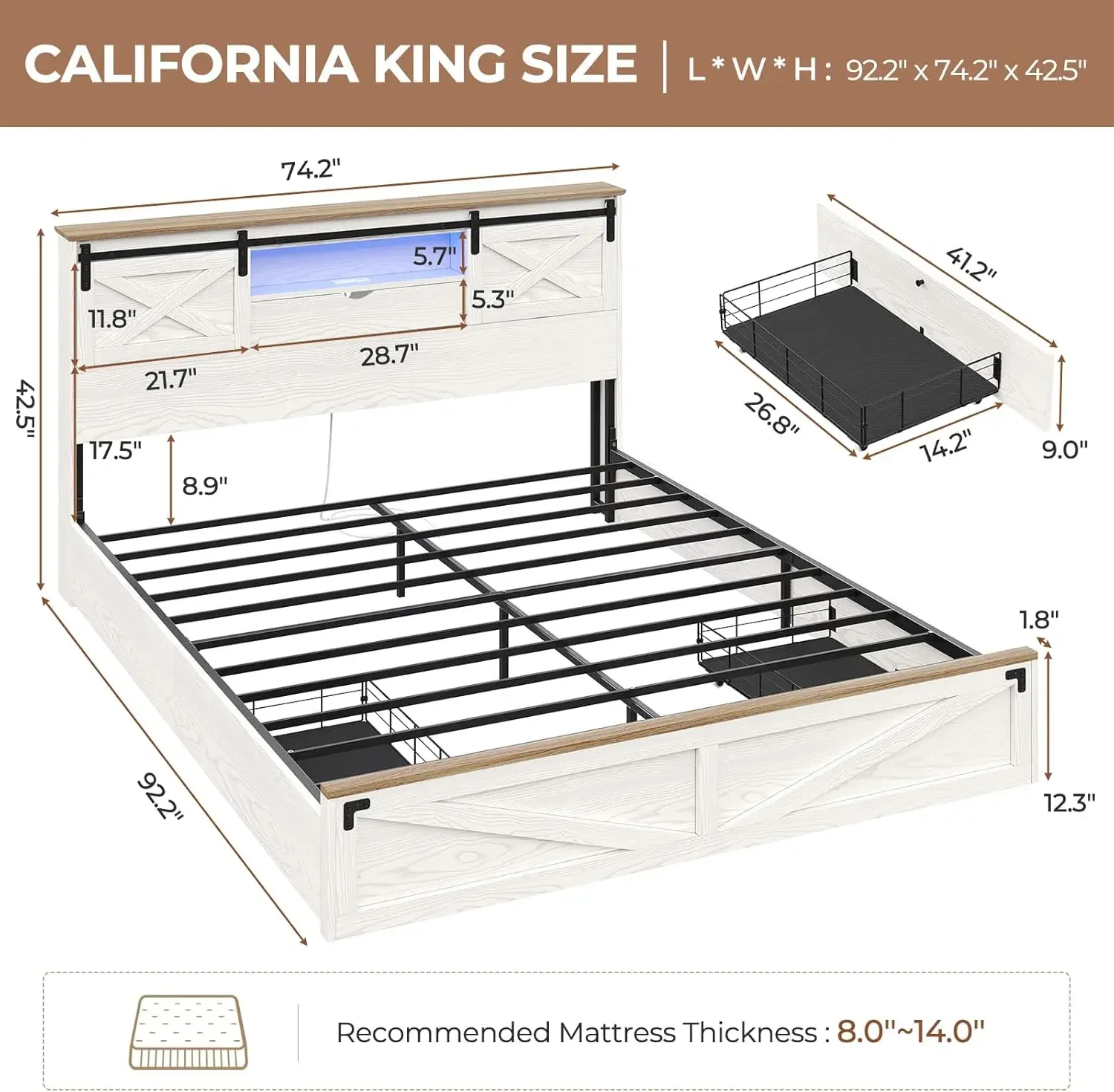 Hasuit Farmhouse Bed Frame California King Size with LED Lights and Charging Station, Wooden Cal King Bed with 2 Storage Drawers