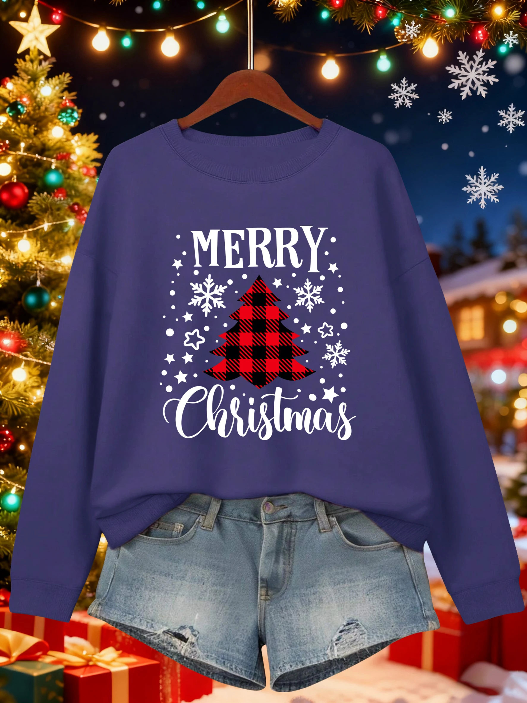 Joyeux Noël Rouge Grille Arbre Impression Sweat Femme Décontracté Y2K Multicolore Streetwear Pulls Ample Polaire O-cou Vêtements