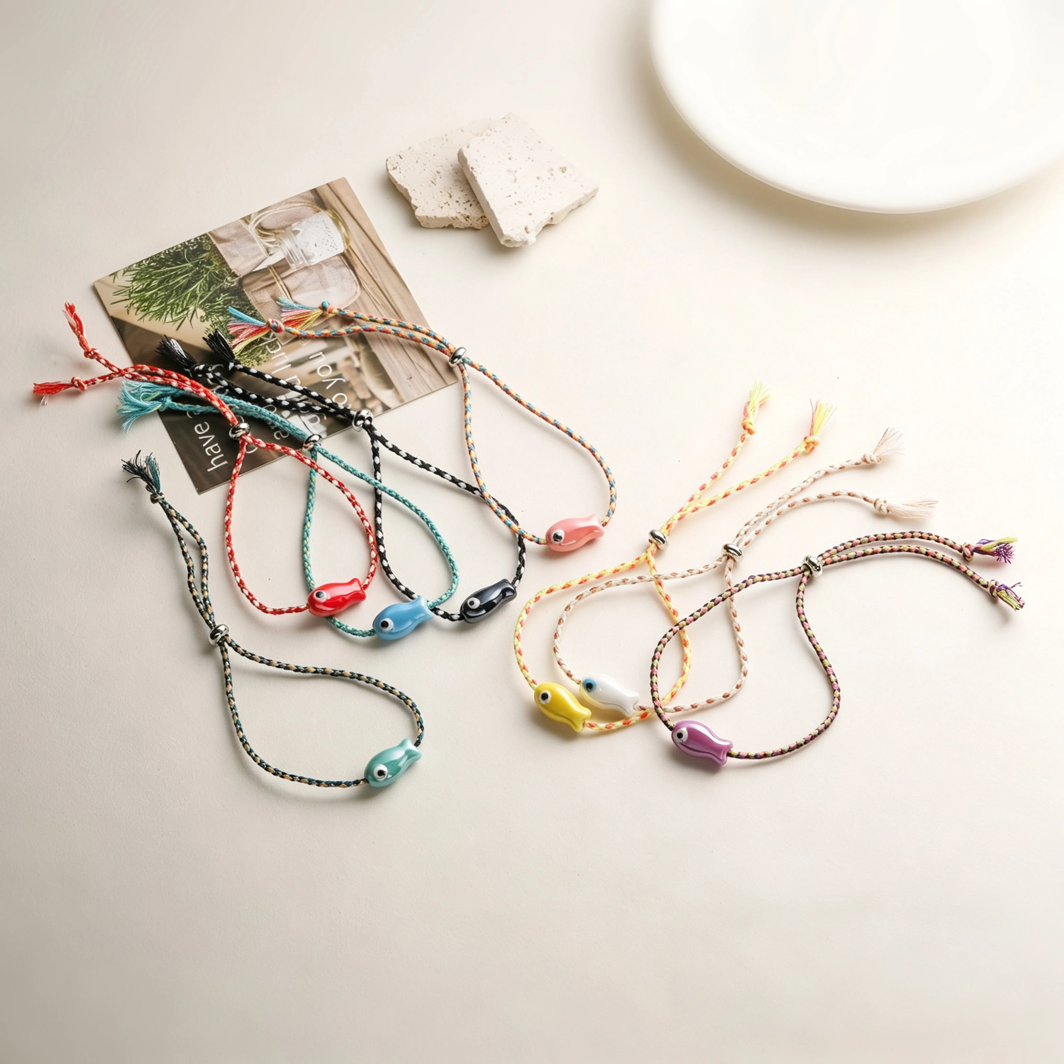 2Pcs/lot,Multicolored Pull - String Ceramic Fish Bracelet Jewelry Bohemian Style Ideal for Wrist and Ankle Jewelry For Women