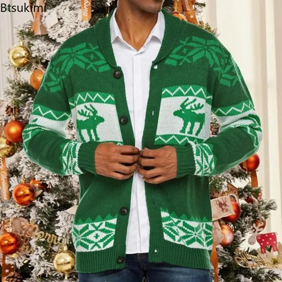 New Men's Christmas Sweaters Fashion Jacquard Knit Button Cardigan Thicker Warm Lapel Print Sweater Jacket Men's Winter Clothing