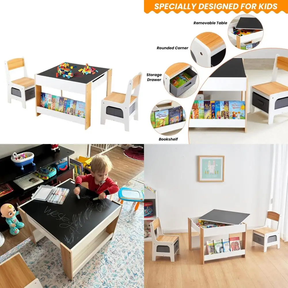 طقم مكتب خشبي للأطفال الصغار 4 في 1 مع طاولة قابلة للفصل ودرج تخزين ورف كتب للمنزل والفصول الدراسية وغرفة اللعب (طبيعي #1