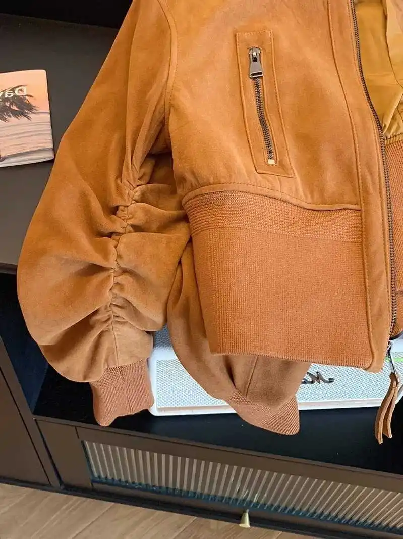 المرأة البرتقال الخريف سترة من جلد الغزال معطف Vintage Harajuku الجمالية طويلة الأكمام موستانج البيسبول سترة ملابس خارجية 2000s الملابس