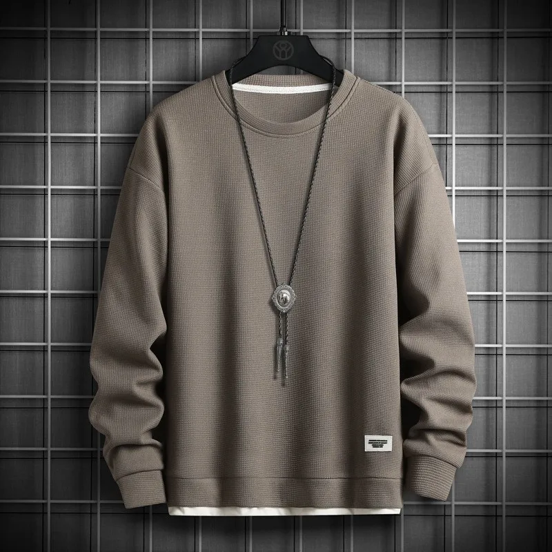 

2025 Streetwear Waffle Knit Fake Two Piece Hoodie for Men Spring Autumn New Style
