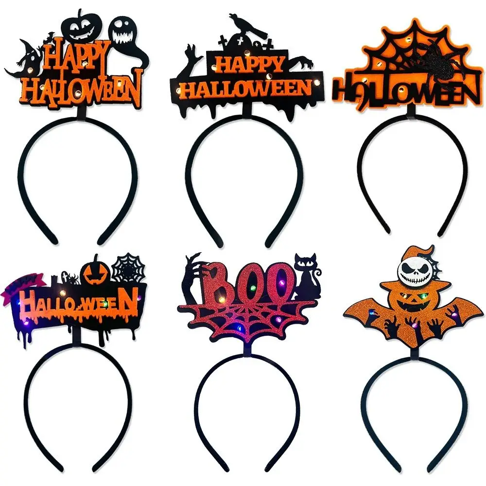 Halloween Headband Led Glowing Halloween Hair Hoop Ghost Spooky Spider Pumpkin Bat Black Cat Masquerade Party Supplies Headwear