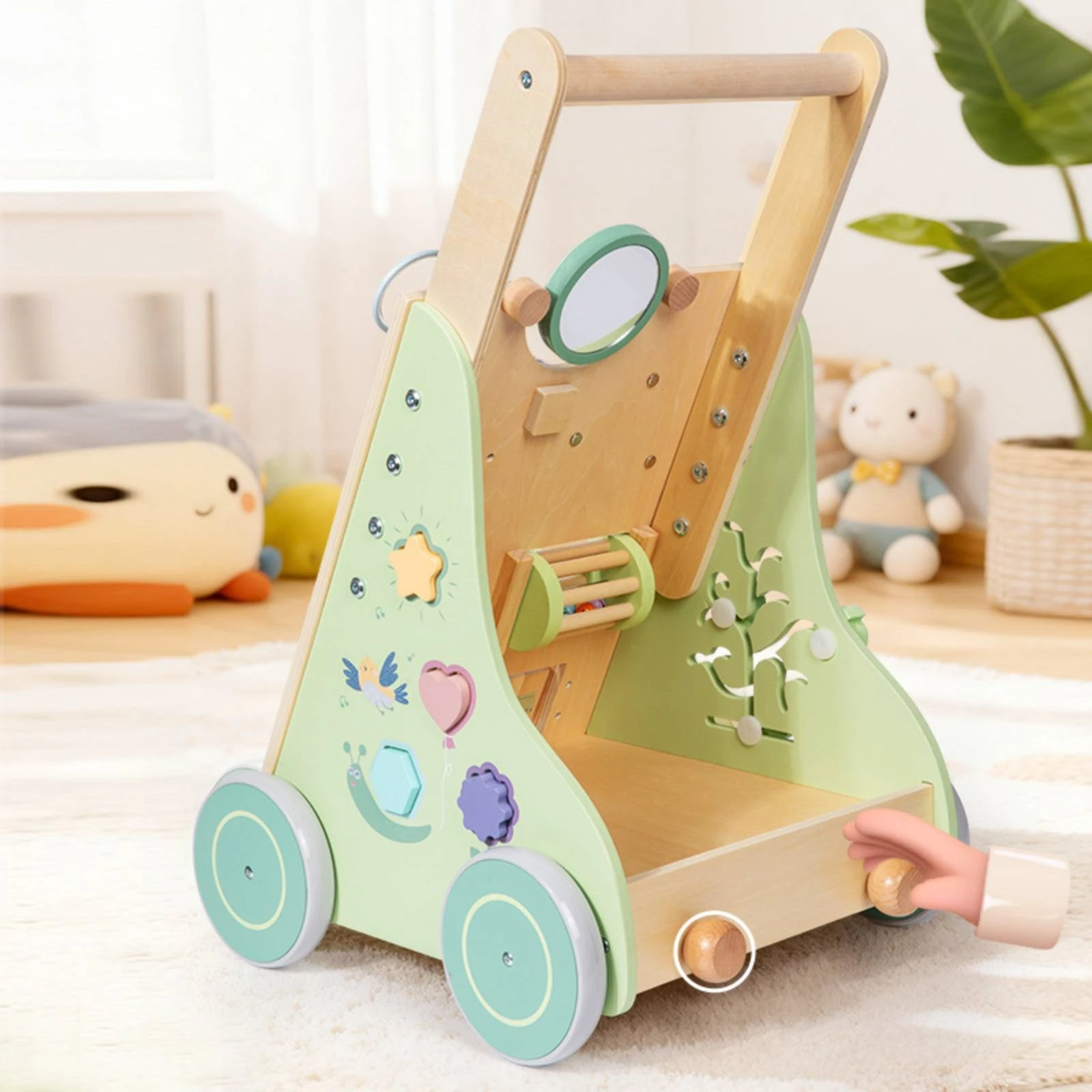 Wooden Stroller with Activity Center Interactive Push Stroller with Activity Center Toy Multifunctional Natural for Toddlers