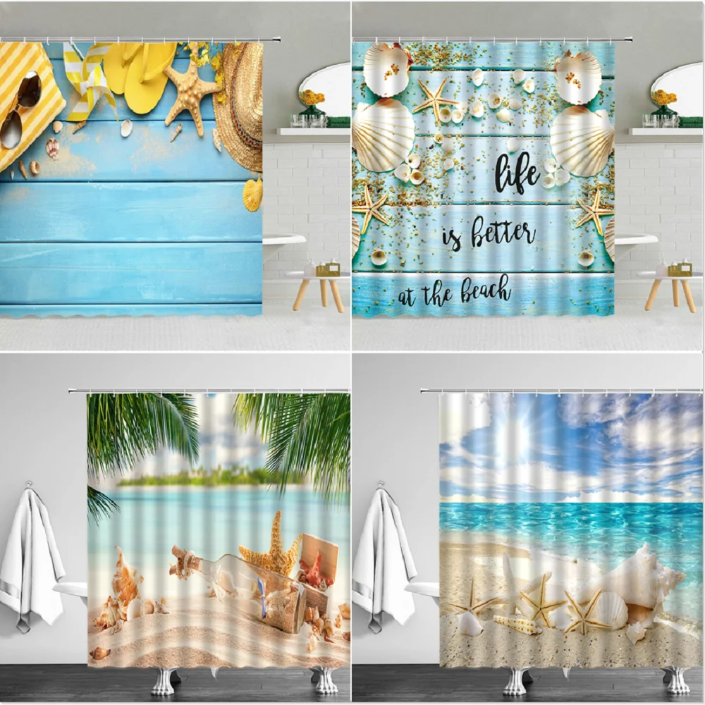 

Seaside Scenery Sea Beach Shells Shower Curtain Set Waterproof Polyester Fabric High Quality Bath Screen With Hooks 3D Printing