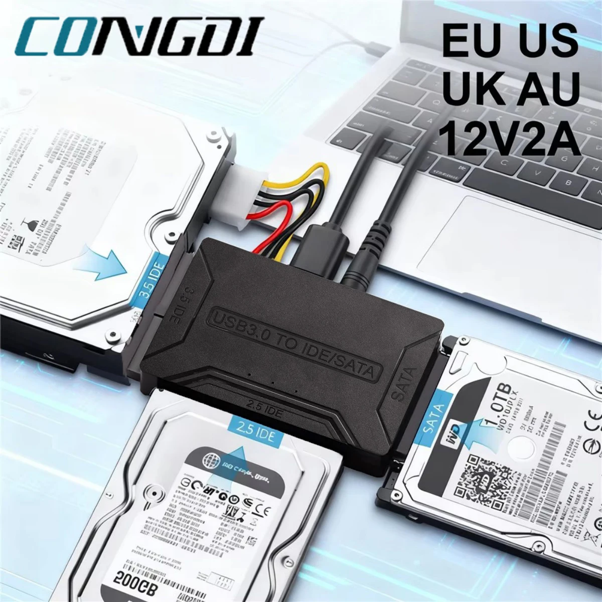 SATA to USB 3.0 Adapter with 12V 2A Power Supply, SATA to USB Cable Adapter for SSD HDD 2.5