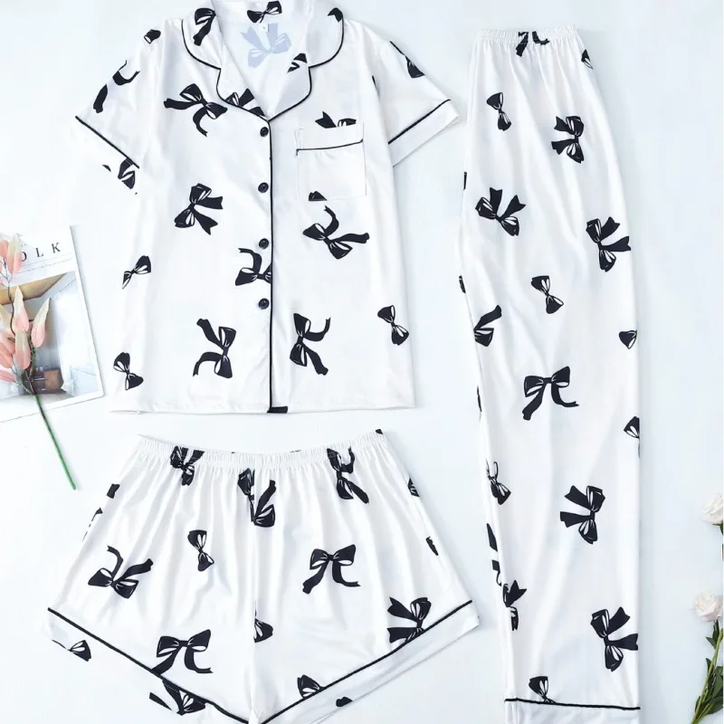 

Pyjamas Set for Women Bow Short Sleeve Shorts Plus Size Cardigan Print Sleepwear Two-Piece Set of Student Loungewear Homewear