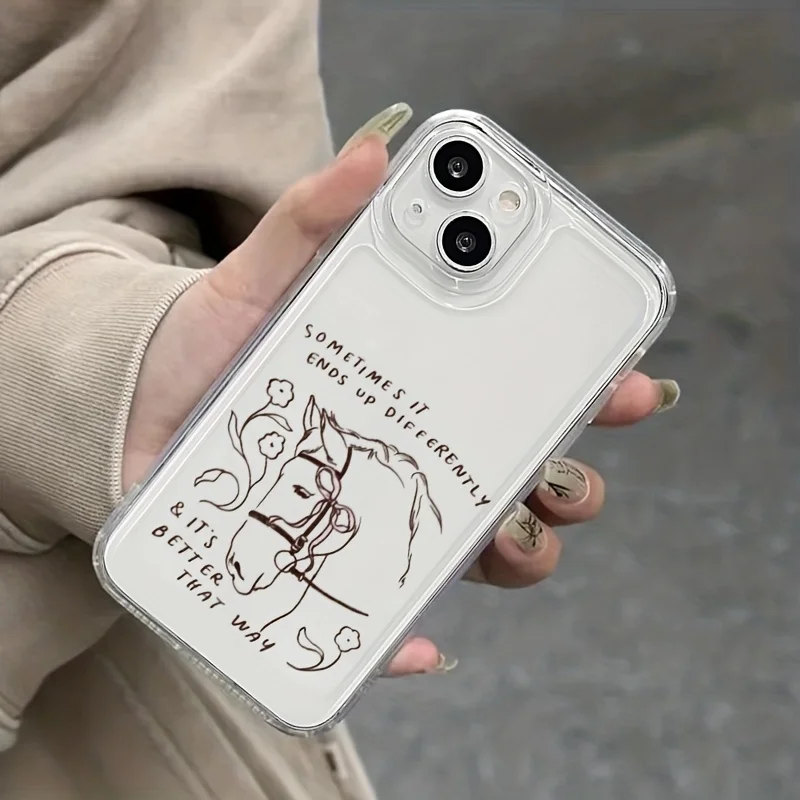 Minimal Line Art Horse Floral Inspirational Quote Clear Phone Case For iPhone Soft TPU Anti‑Drop Protective Phone Shell