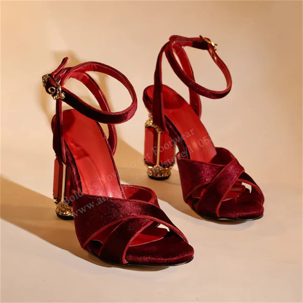 

New Water Diamond Gemstone Cross Strap High Heels Women Retro Velvet Buckle Strap Slingback Banquet Wedding Dress Sandals