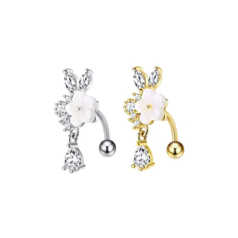 1Pcs Heart Dangled Belly Button Rings Surgical Steel Bar Navel Piercing Ring Crystal CZ Moon Flower Heart Belly Ring Ear Jewelry