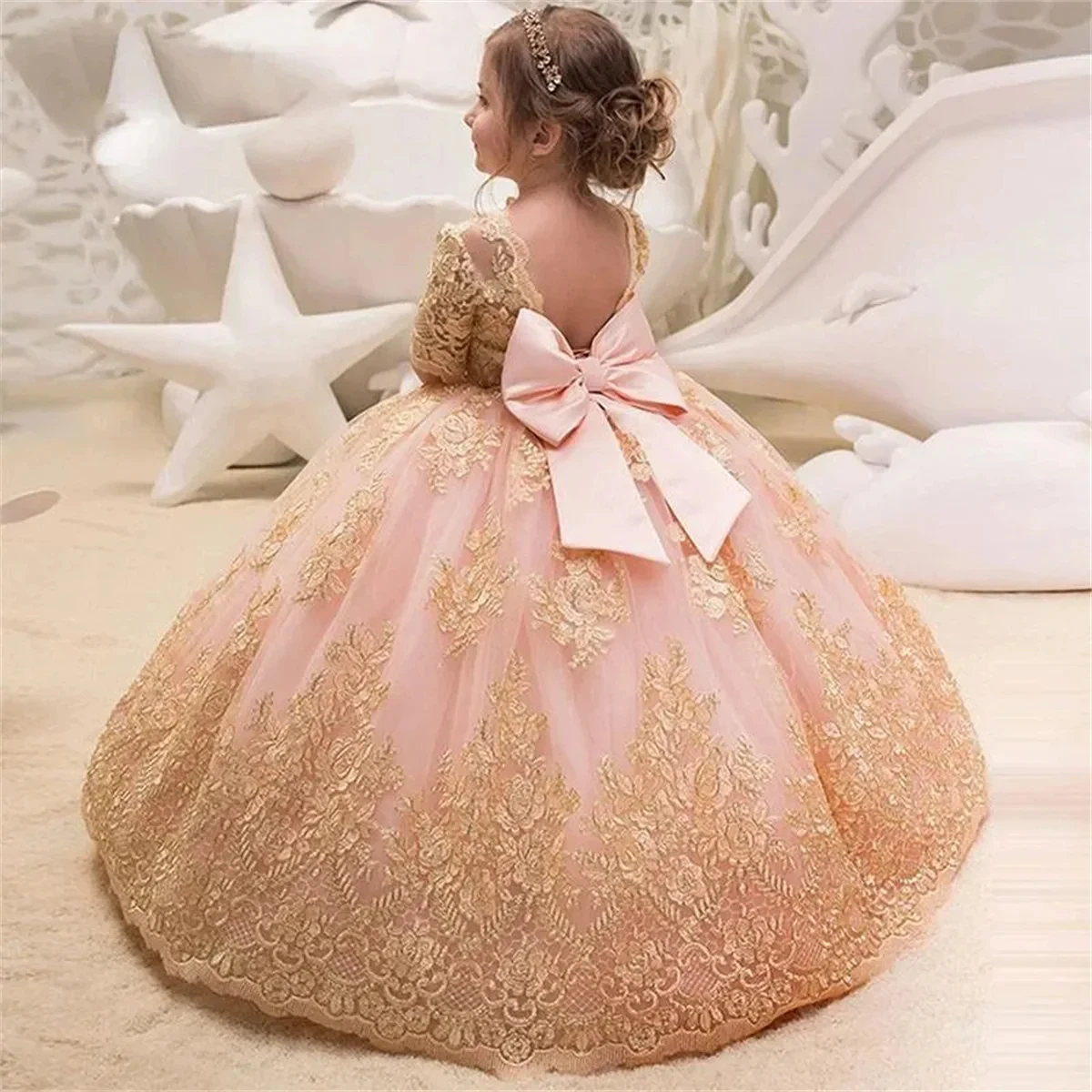 Girls Princess Pageant Dresses With Satin Bow Gold Lace Appliques Flower Girl Dress Half Sleeves Open Back Wedding Party Gowns