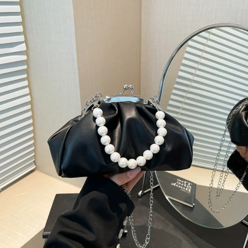 

Faux Leather Handbag Vintage Shoulder Handbag Pearl Handle Bag Soft Ruched Clutch Bag For Wedding Date Formal Event