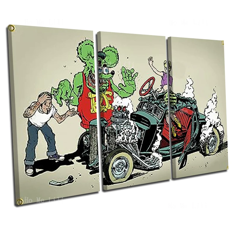 The Fictional Character Fink Mouse And The Woman In The Damaged Car Triplet Combination Art Decorative Painting