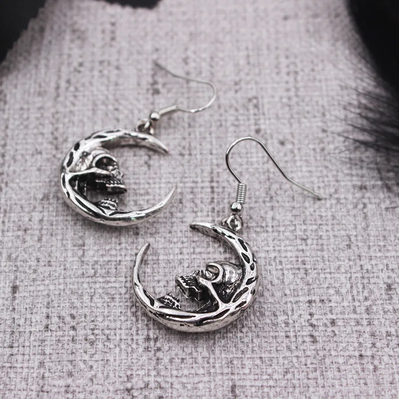 Moon Skull Dangle Earrings for Women Gothic Dark Vintage Personality Trend Earing Ear Hook Goth Jewelry VGE197 image 5