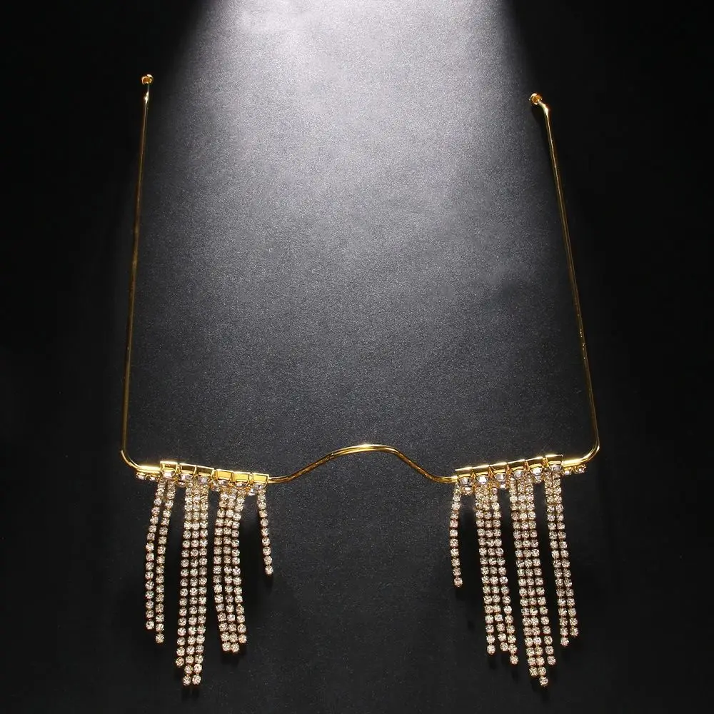 Foldable Tassel Rhinestone Eyeglass Frame Crystal No Lens Glitter Mask Decoration Luxury Zircon Half Frame Glasses Chain
