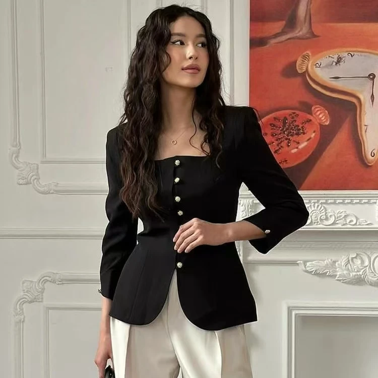 Gola quadrada slim fit jaet outono pequena fraança sle feminino faion commute sle regular sve comprimento cor pura