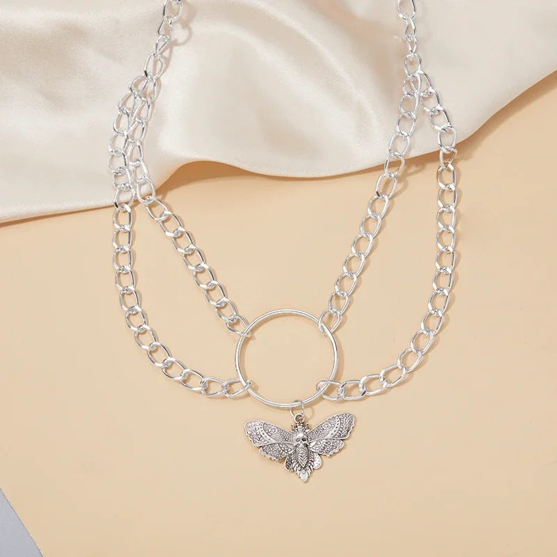 Vintage Gothic Death Moth Skull Pendant Necklace Women's Personalized Charms Double Layer Collarbone Chain Halloween Accessories image 2