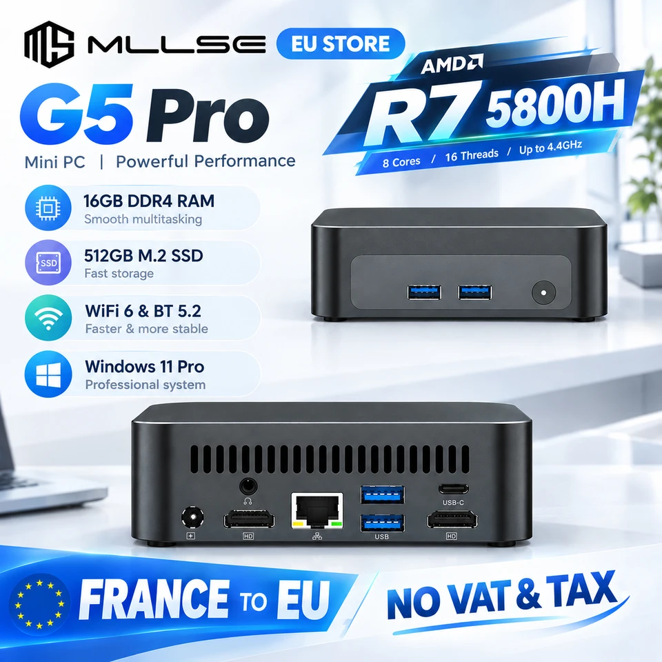 Mllse Mini Pc G5 Pro Amd Ryzen 7 5800H, 16Gb Ram, 512Gb Ssd, Wi-Fi