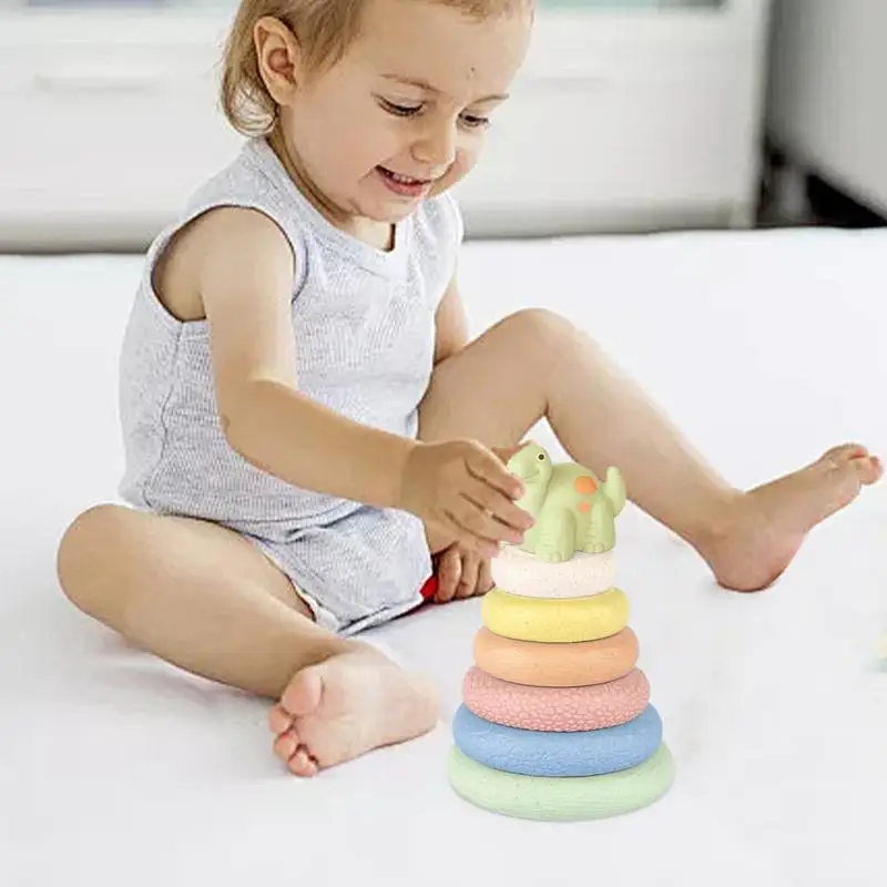 Anéis de empilhamento para bebês, empilhador de silicone, brinquedo sensorial, blocos de construção, dinossauro/castelo, design, brinquedo de aprendizagem precoce com som bb