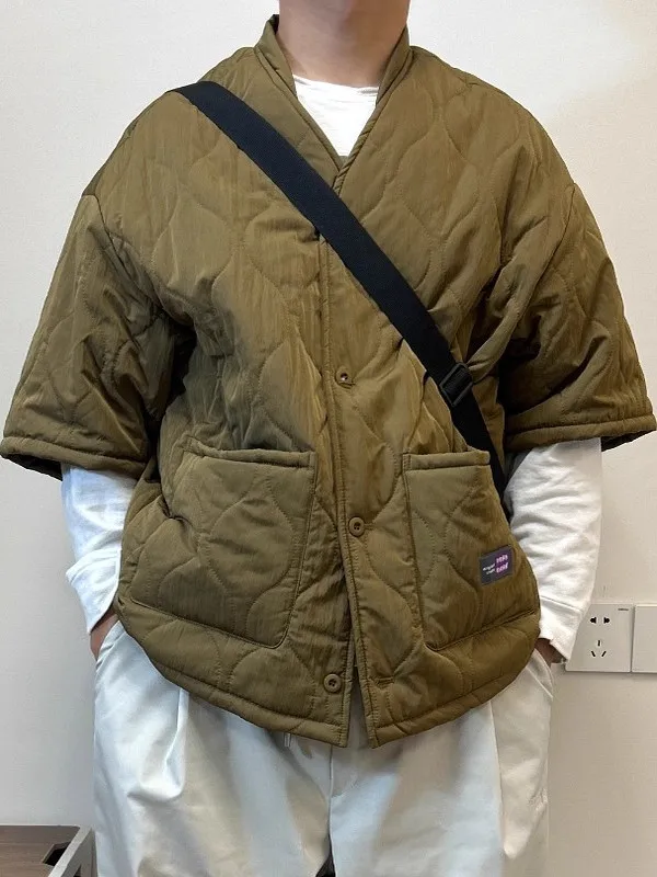 

ex Oversized Retro Japanese Sle Vest Workwear down Cotton Jaet ort Sve Diamond Pattern Inner Cotton Coat Trendy