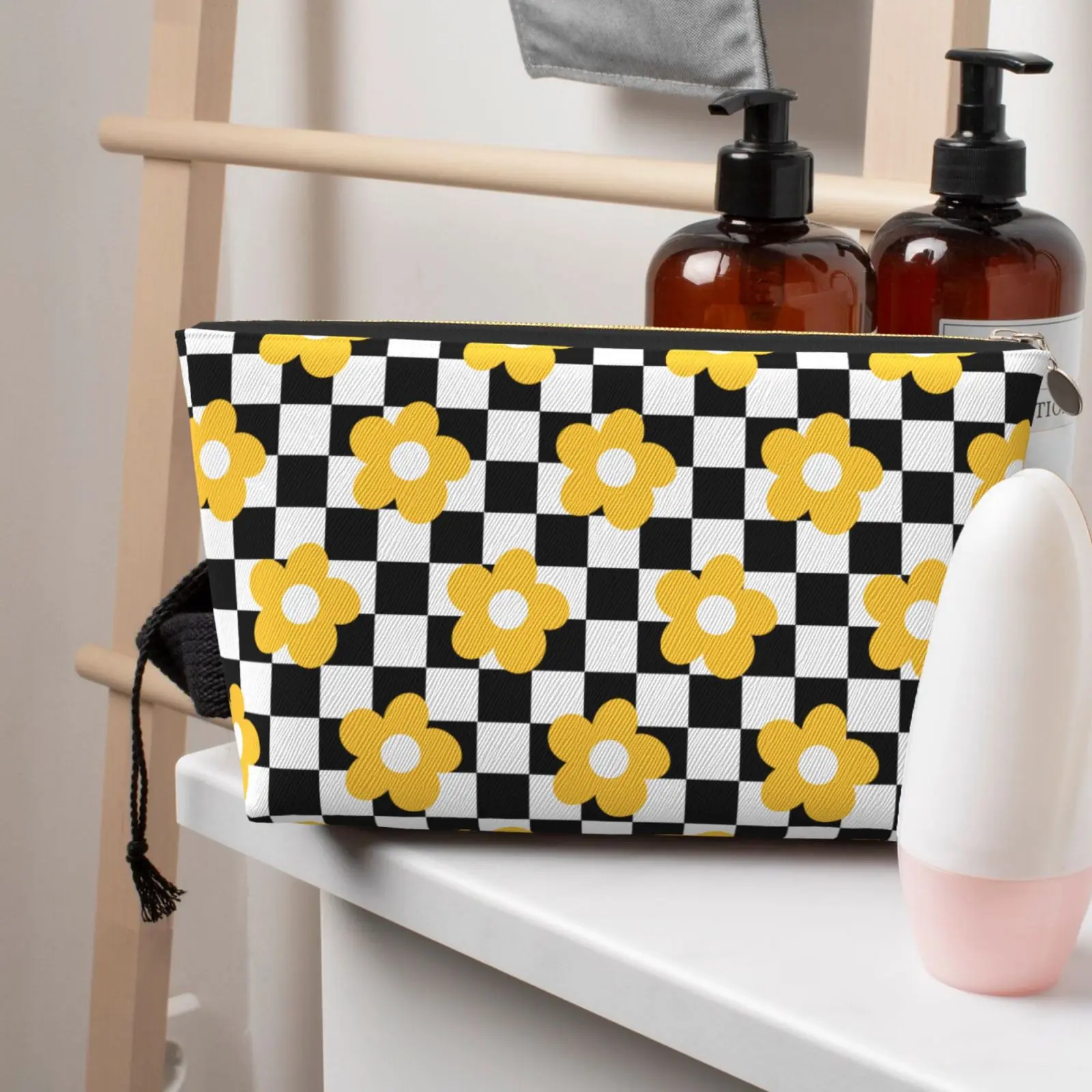 

Grid Flowers Pattern Makeup Bag Leather Travel Cosmetic Organizer Bag Women Large Capacity Toiletries Bags