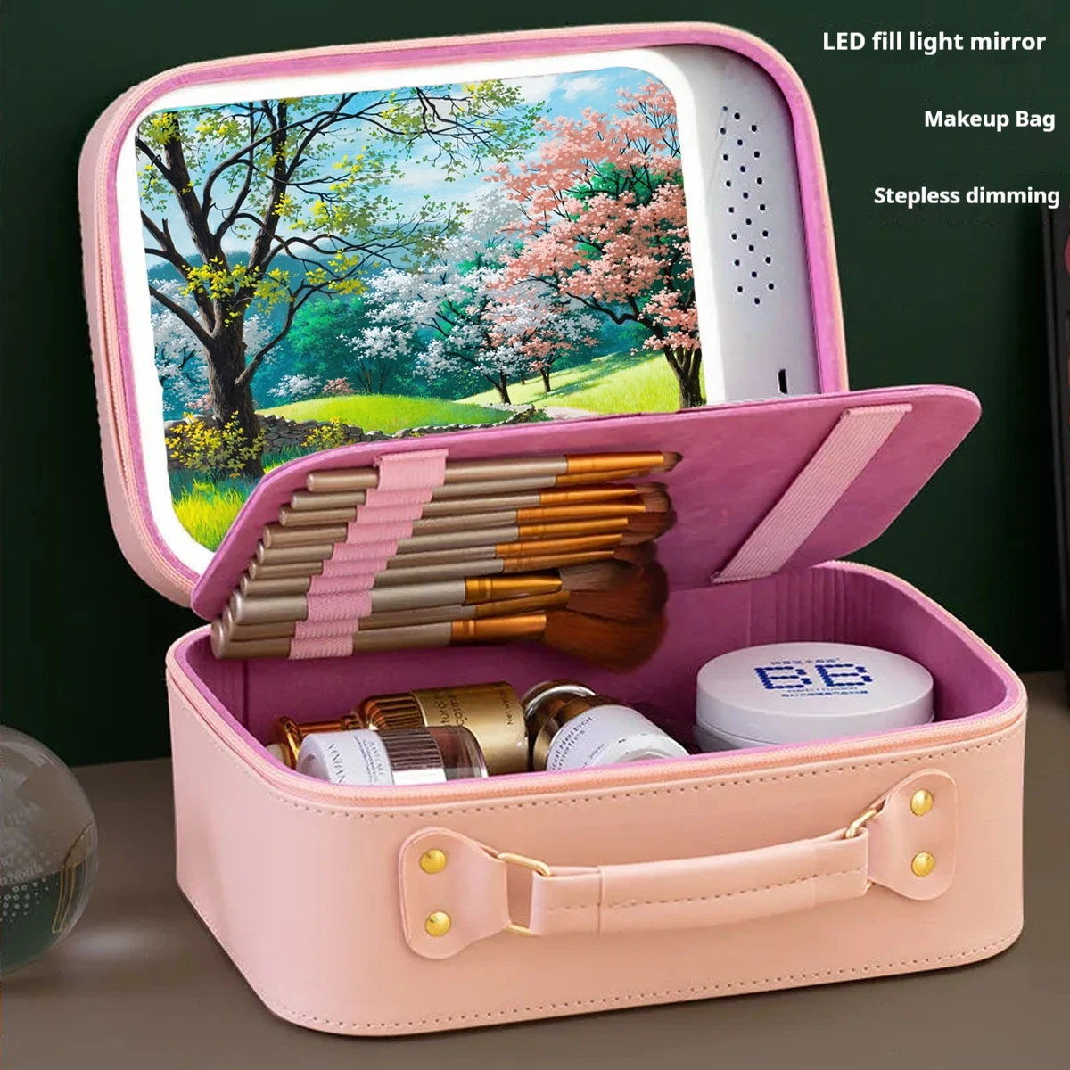 Cosmetic bag with LED light, hard cosmetic case, travel storage box, dimmable mirror cosmetic case