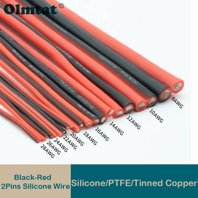 Copper Wire Silicone Rubber Cable Super Soft 8 10 12 14 16 18 20 22 24 26 AWG 2Pins Flexible DIY LED Lamp Connector Black Red