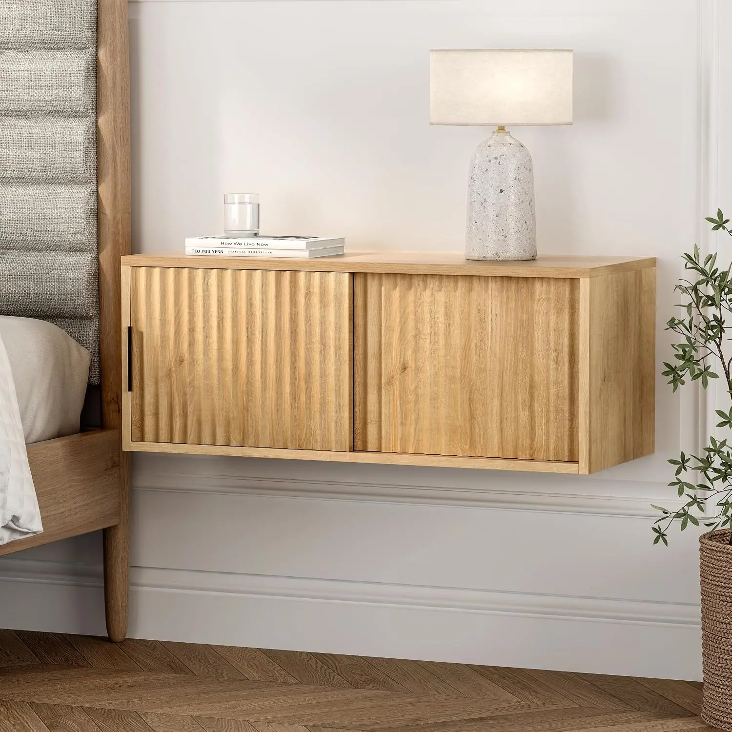 Floating TV Stands Set of 2, Modern Fluted Large Floating Nightstand Wall Mounted Bedside Cabinet with Sliding, Customized