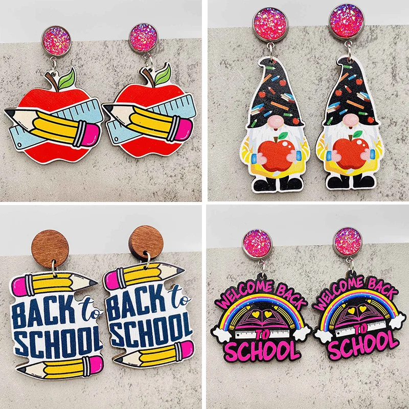 New Back to School Pencil Apple Wooden Earrings Rose Red Sparkling Powder Rainbow Pencil Apple Teacher Stainless Steel Earrings