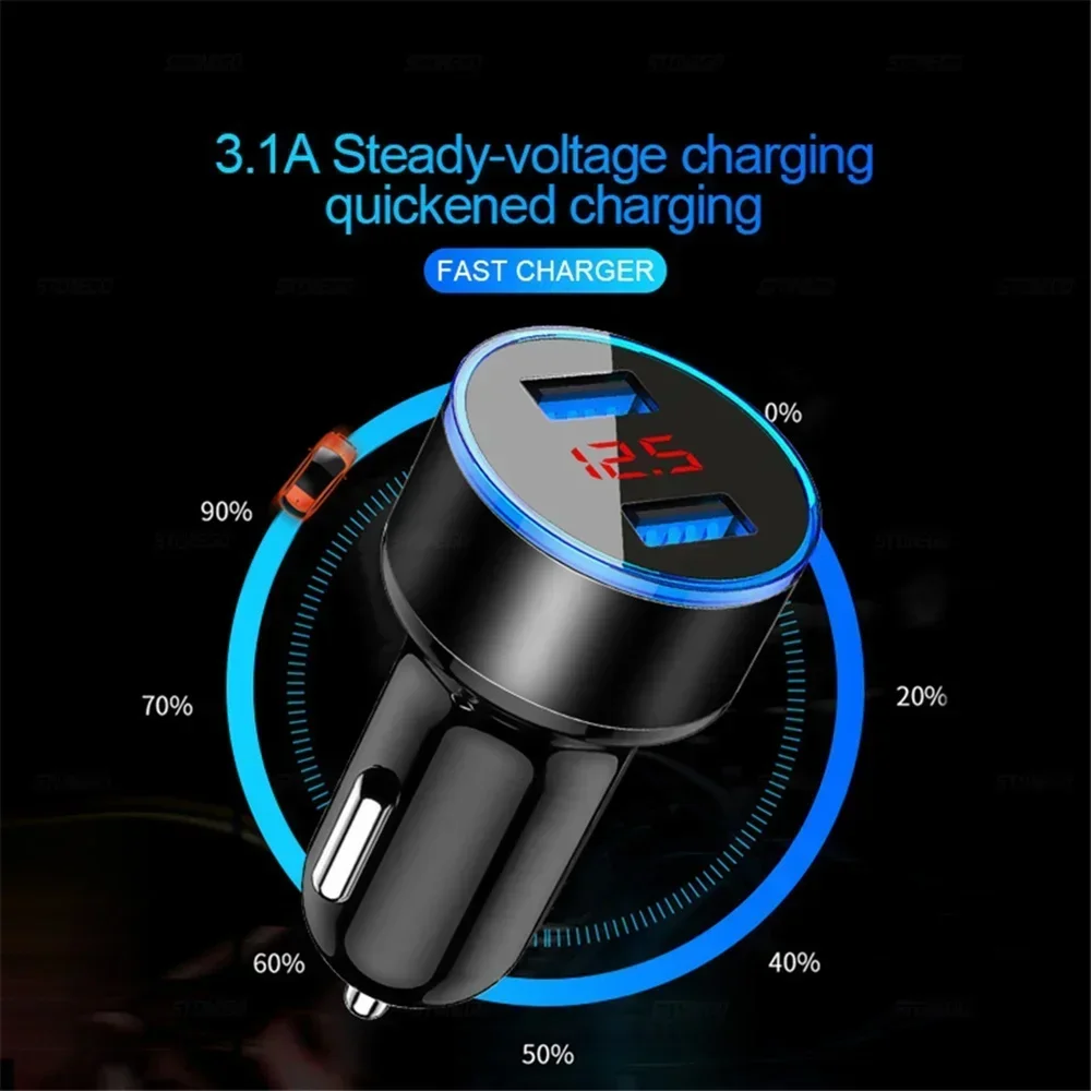 USB Car Charger Fast Charging Dual USB Adapter Cigarette Lighter LED Voltmeter for All Types of Mobile Phones