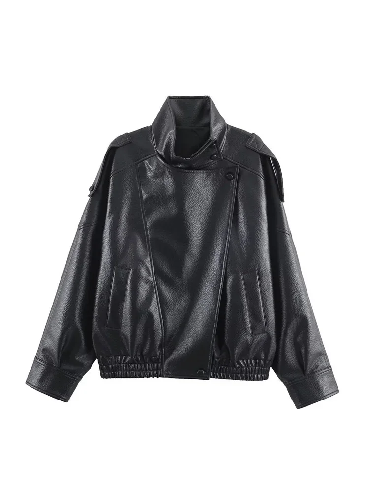 

2025 PU Autumn Jackets Outwear Female Pocket Patchwork Solid Commute Long Sleeve Coat Leather Women's Elegant Jackets