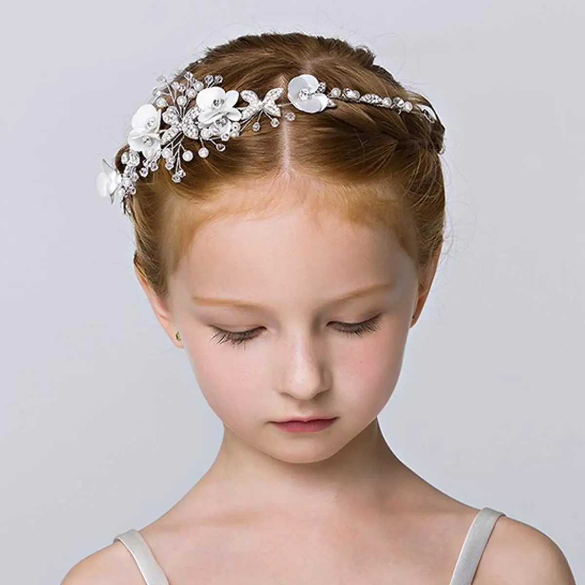 White Wedding Girls Headband Crystal Rhinestone Headpiece Crystal Pearl Hair Vine Flower Halo Kids Hair Accessories