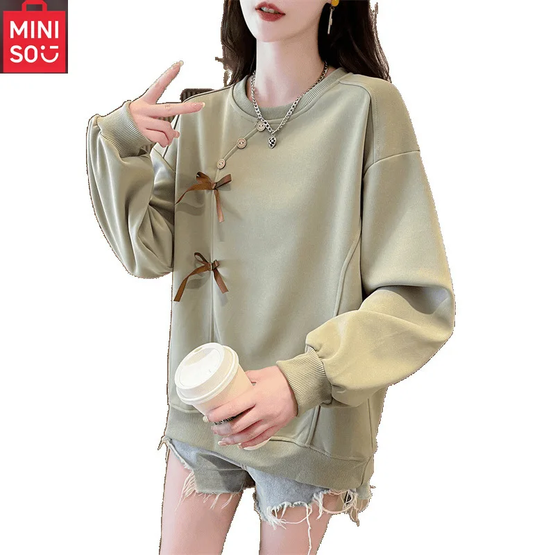 سترة نسائية بغطاء للرأس جديدة من MINISO فضفاضة ومتعددة الاستخدامات للربيع والخريف ورقبة دائرية رفيعة وأكمام طويلة #5