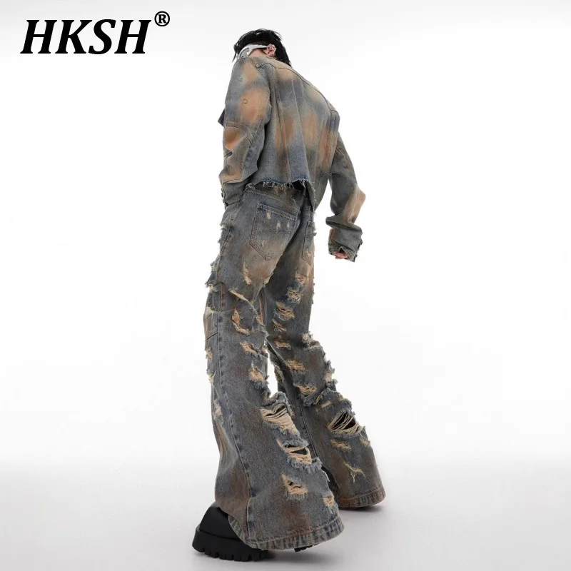 HKSH 2025 Spring New Men Punk Niche Waste Land Destruction Denim Pants Vintage Y2K Jackets Micro Flared Jeans Trendy Chic HK4283