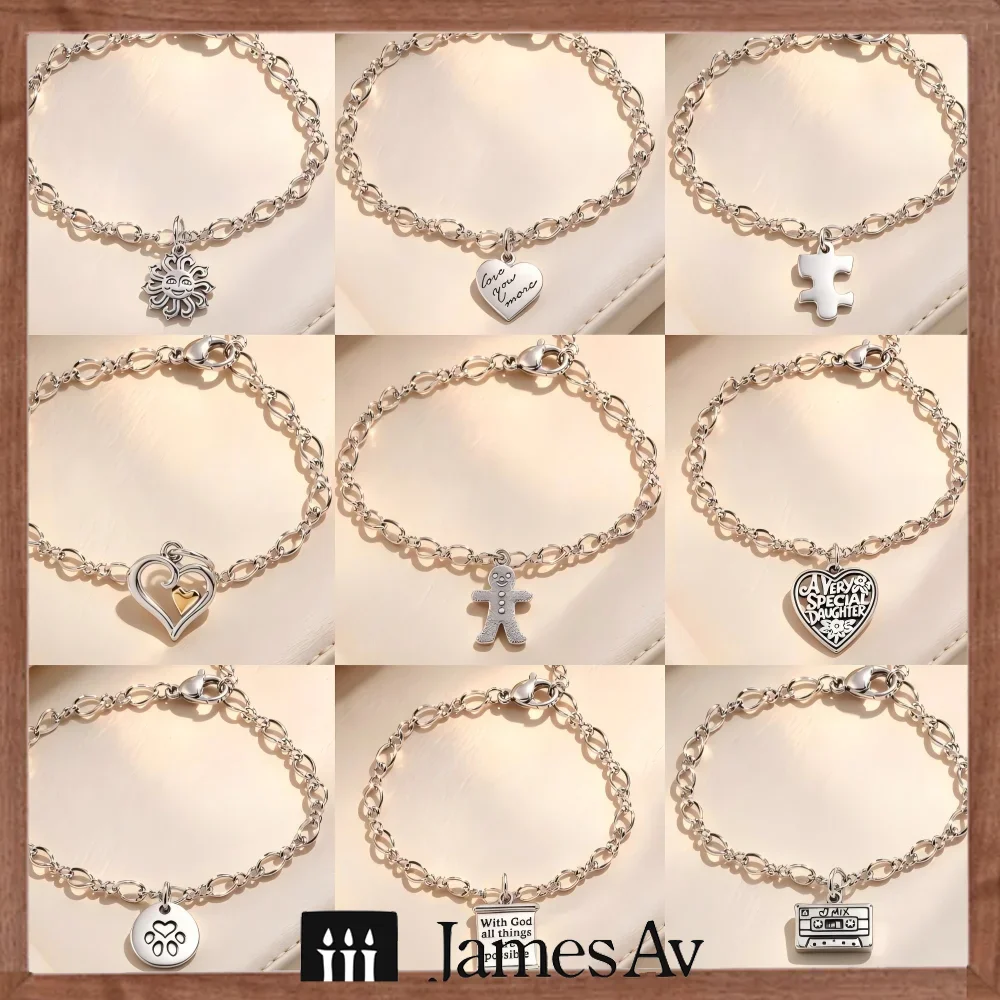 2027 S925 Sterling Silver Oval Link Charm Bracelet Bundle Sun Puzzle Heart Gingerbread Man Paw Print Cassette Charms Adjustable Extension Chain Lobster Clasp Polished Silver Finish Trendy Wrist Jewelry Gift for Women Girls