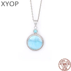 Retro Plated Gold 925 Sterling Silver Topaz Pendant Necklace Natural Precious Round Dominica Larimar Jewelry Gifts for Woman