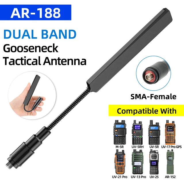 Antena taktyczna ABBREE AR-188 z giętką szyjką, SMA-Female, VHF UHF, do radiotelefonów Baofeng UV-5R MINI UV-5RH 21 PRO QUANSHEGN UV-K5