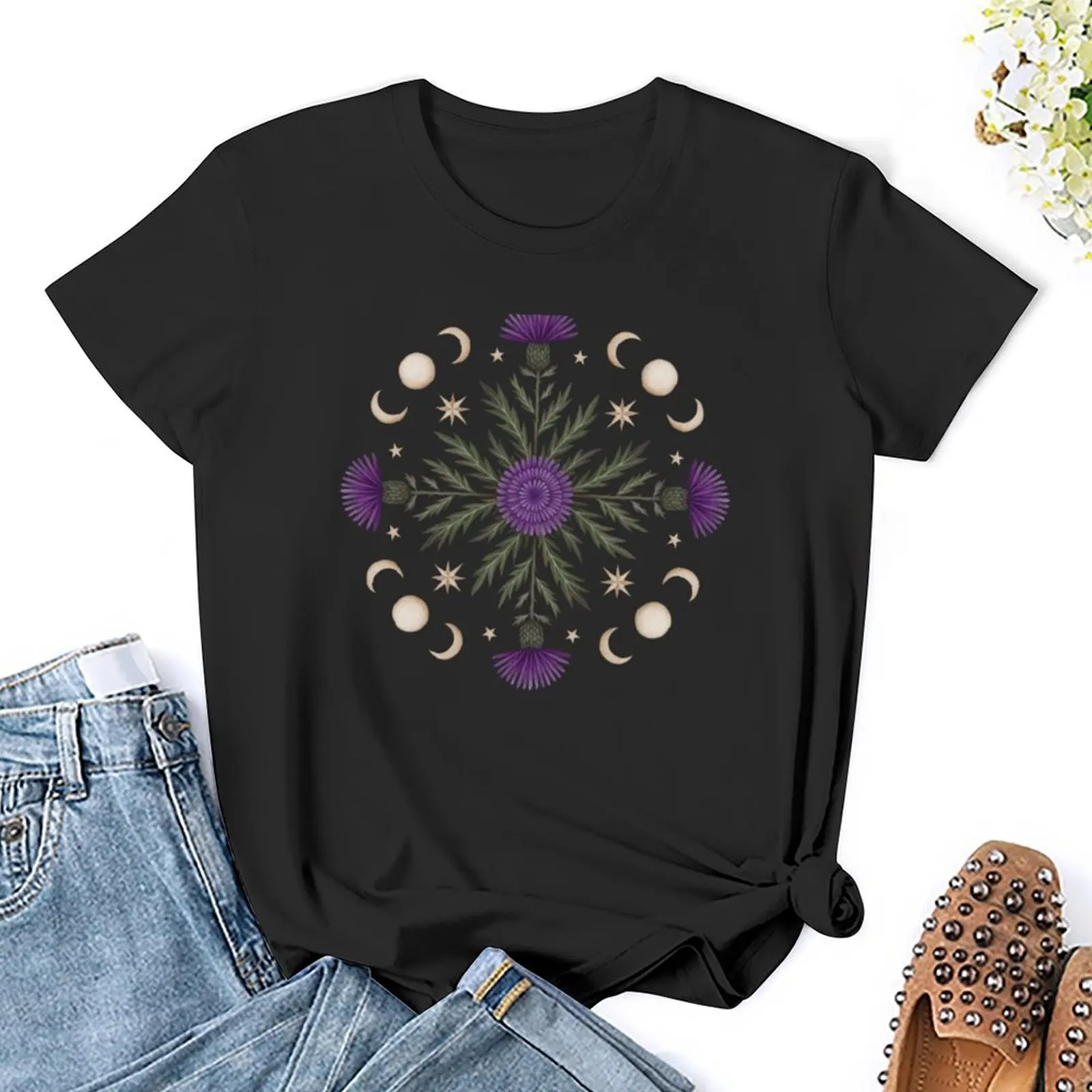 Distel und Mond Mandala T-Shirt Schwergewichte plus Größen Rohlinge T-Shirts für Frauen