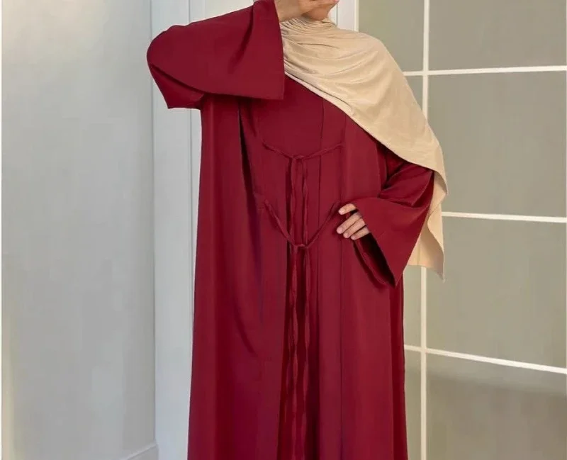Cardigan à lacets en satin musulman, à la mode et élégant, avec robe intérieure, vêtements deux pièces pour femmes, K113, nouvelle collection