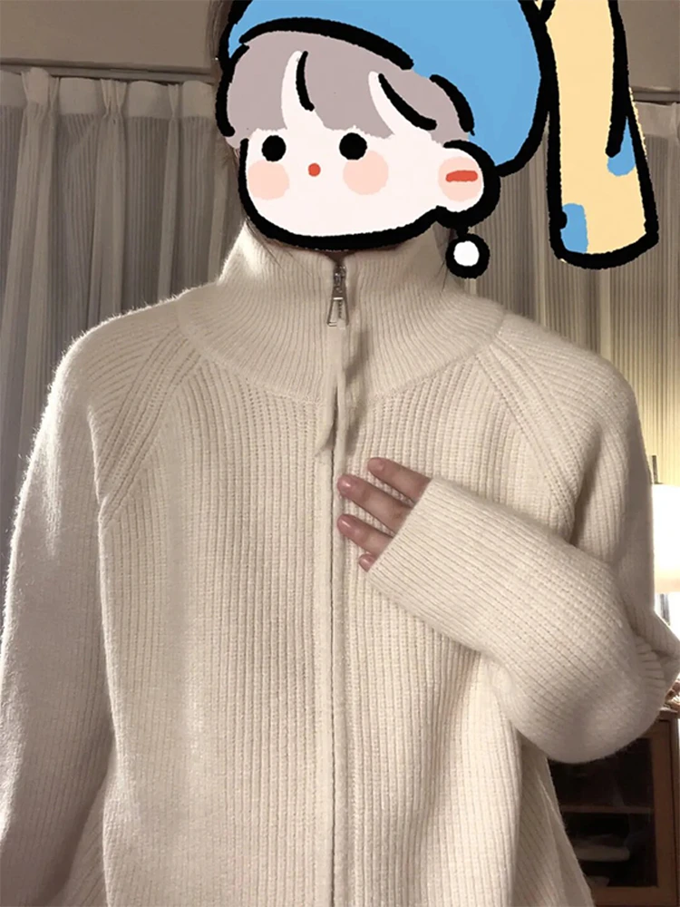 Coreano Sle Lazy f Collo alto Maglieria da donna Capispalla invernale Cappotto con cerniera vestibilità ampia Casual Calore quotidiano Faion