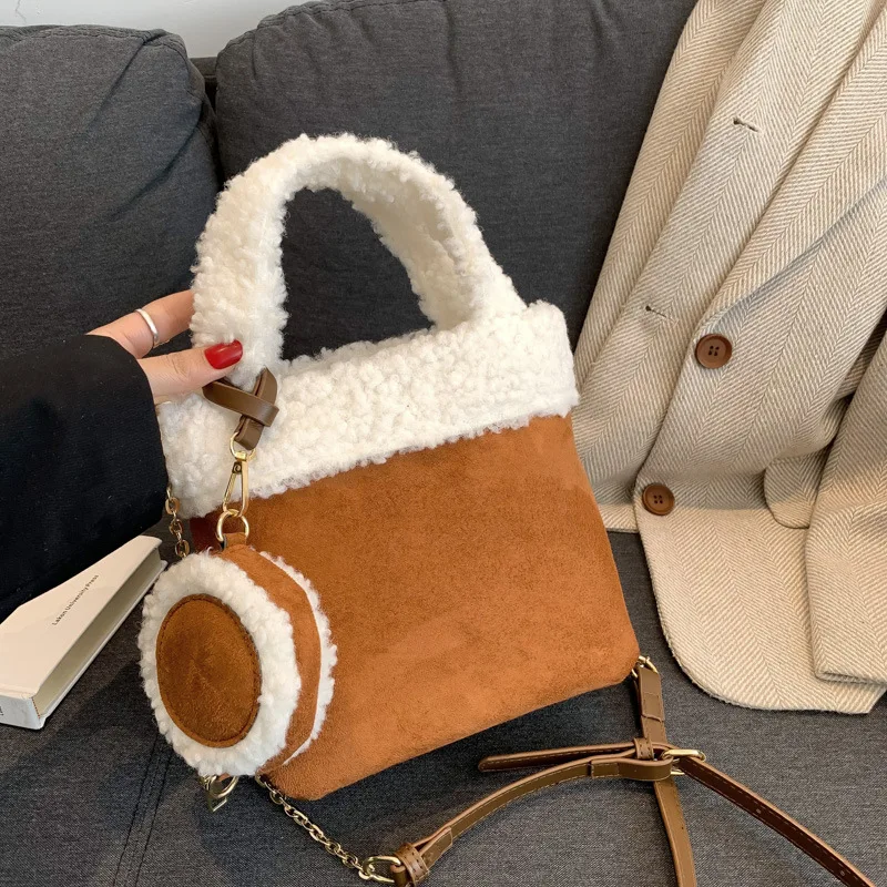 Handbag Bucket Bag Artificial Lamb Down Suede Bag for Women High-grade Sense Stitching Style Shoulder Trendy Crossbody All-match