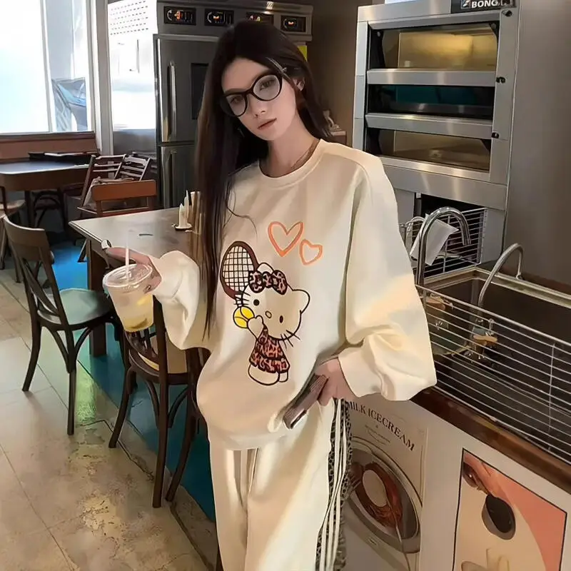 Vintage Kitty Print Rundhalspullover Harajuku Hoodie Damen Herbst Sweatshirt Kawaii Hello Kitty Sweatshirts