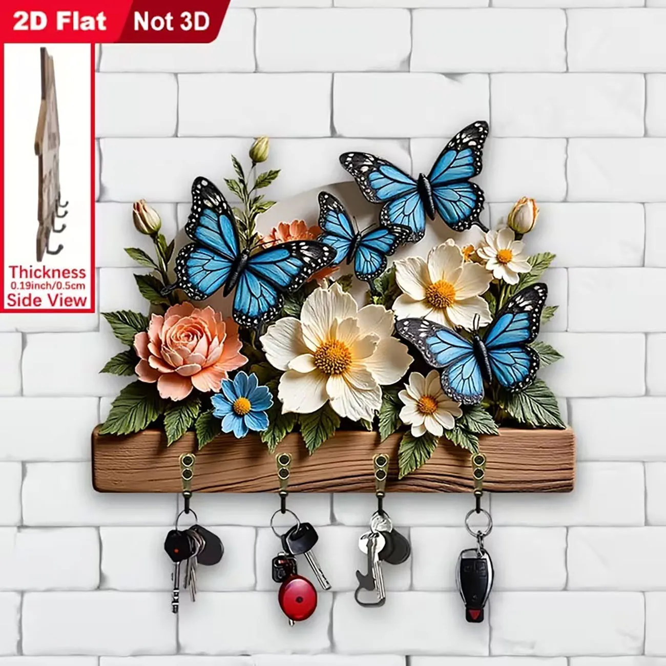2D flat key holder with blue butterflies and mixed blooms print, four hooks, fresh floral garden wall decor.